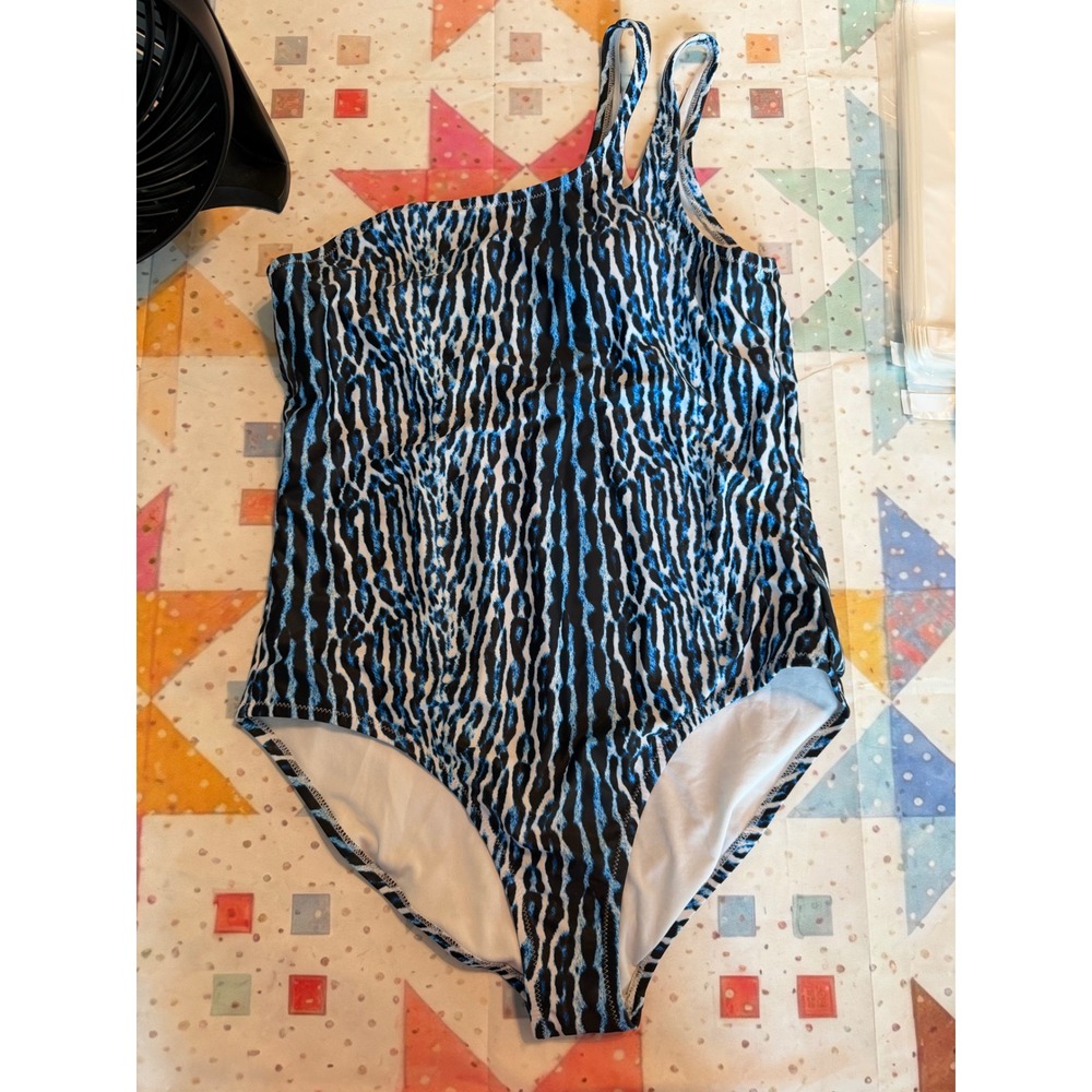Jessica Simpson One Shoulder Animal Print One Piece Swimsuit Blue Black Large